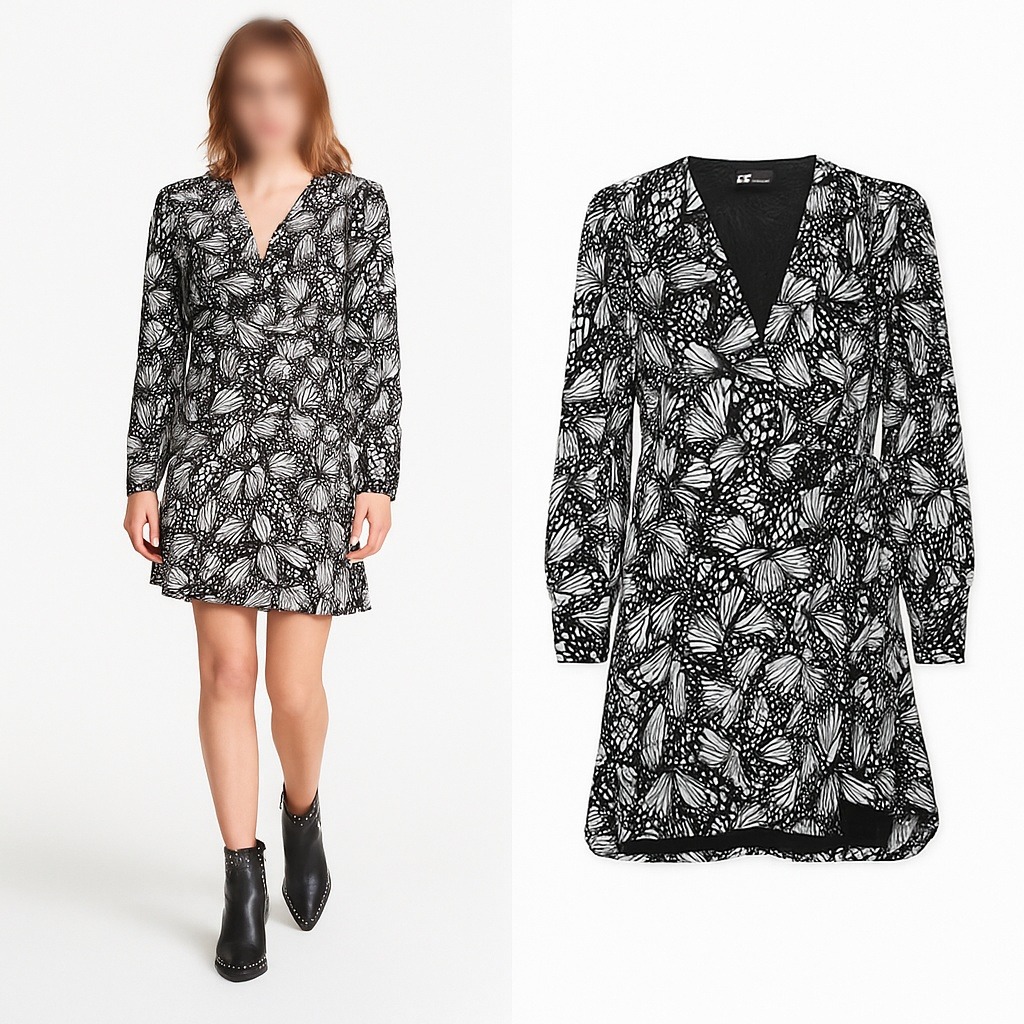 The Kooples Dress Size 8 Black White Floral Butterfly Print Long Sleeve Mini